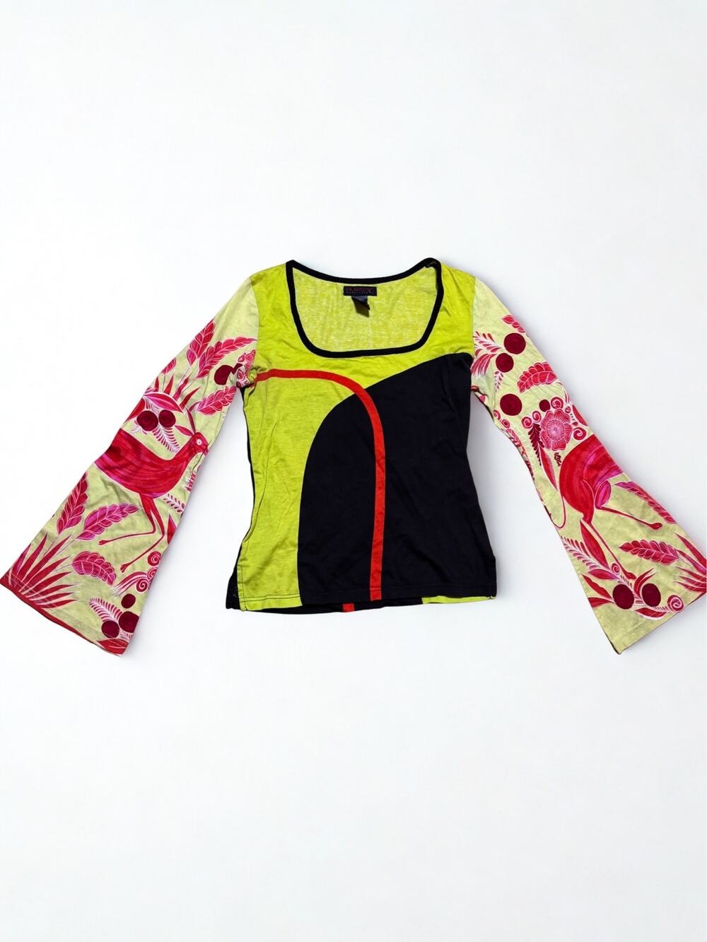 Vtg Y2K Custo Barcelona Chartreuse Yellow Abstract Print Bell Sleeve Top Sz M